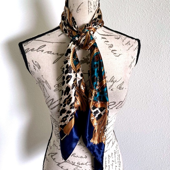 Satin Square Leopard Chain Bit Bridle Boho Scarf Neck teal blue Old Money 💖 - Picture 12 of 16